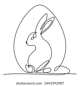 Easter bunny drawn with one continuous line. Christian holiday design, festive decoration. Vector illustration.