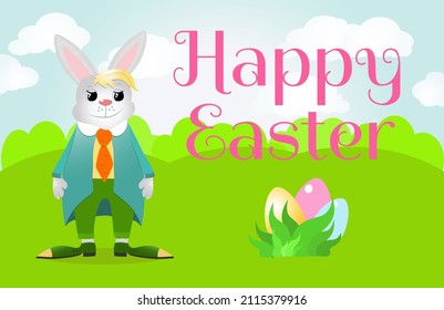 An Easter Bunny dressed in a jacket and trousers stands right on the field and in front of him are eggs in the grass. Horizontal banner with green meadow and blue sky and text Happy Easter.