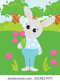 The Easter bunny is dressed in pants and a shirt and holds spring flowers, pink tulips, in his paws. 