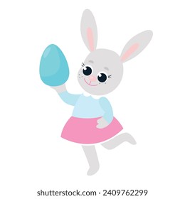 The Easter bunny is dressed and runs and holds a decorative egg in its paws. Festive illustration of happy character in cartoon style isolated on white background.
