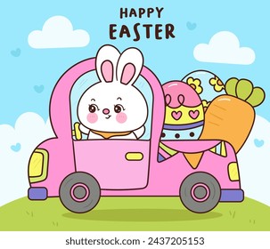 Easter bunny drive car delivery carrot and eggs. Series: Kawaii animals rabbit egg hunting (Character cartoon). Spring activities holiday. Perfect make a wish for baby t shirt fairy tale book.