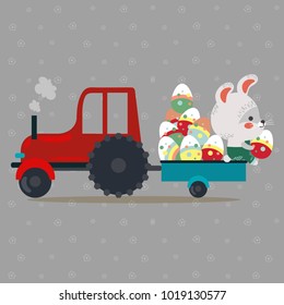 Easter bunny drive car with truck, decorated eggs hunter cute white rabbit auto driver hunting, happy holiday vector greeting card, spring hare isolated illustration