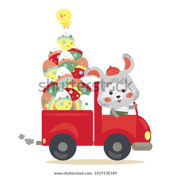 Easter\
bunny drive car with truck full of decorated eggs, hunter cute\
white rabbit auto driver , happy holiday vector greeting card,\
spring hare hunting egg isolated\
illustration