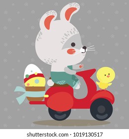 Easter bunny drive motorcycle, decorated eggs hunter hare carries a baskett, cute white rabbit auto driver hunting, isolated illustration