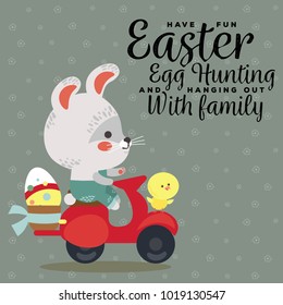 Easter bunny drive motorcycle, decorated eggs hunter hare carries a baskett, cute white rabbit auto driver hunting, isolated illustration