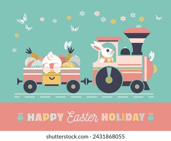 Easter bunny drive train with Easter eggs festive vector poster. Cute bunny, rabbit butt, retro train, colorful egg. Happy Easter greeting lettering. Family cheer event background cartoon illustration