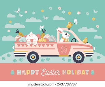 Easter bunny drive truck with Easter eggs festive vector poster. Cute bunny, rabbit butt, truck car, colorful egg. Happy Easter greeting lettering. Family cheer hunting background cartoon illustration