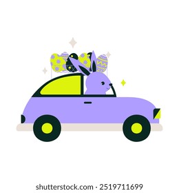 Easter bunny driving a car with decorated eggs on the roof, symbolizing holiday celebration, Easter delivery, and festive fun. Flat vector illustration, isolated on white background.