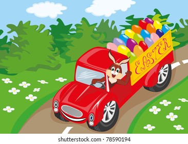 Easter Bunny Driving Car On Road