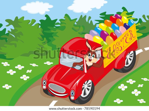 Easter bunny driving car on\
road