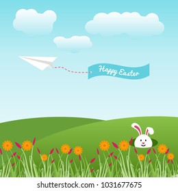 Easter Bunny Ducking in the Countryside with a Paper Airplane Background