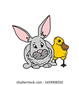 Easter Bunny and duckling .Vector design for banners and postcards, on a white isolated background.Easter Holiday
