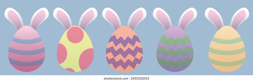 Easter Bunny Ear Pastel Eggs. Pink, Yellow, Orange, Purple, Blue. White Rabbit Ears. Cute Clipart Vectors