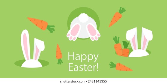 Easter bunny ear, rabbit butt and tail. Animal in hole with carrot on green background. Funny vector illustration