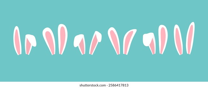 Easter bunny ear, rabbit mask, cartoon hare character, cute animal ears costume, spring funny pet set on green background. Simple vector illustration