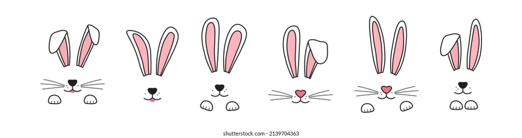 Easter bunny ear vector icon, rabbit headband drawn. Doodle ears and muzzle with whiskers, paws, cute face character. Animal illustration. Chinese New Year