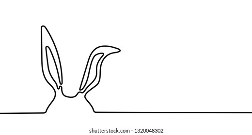Easter bunny ears banner background in simple one line style with copy space in right side. Black and white minimal rabbit concept vector illustration.