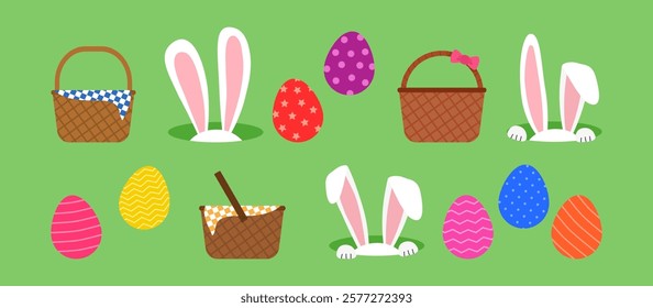 Easter bunny ears and basket, eggs icon, rabbit hole and picnic bag on green background. Cute animal character, cartoon egg hunt, funny spring set. Holiday vector illustration