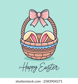 Easter bunny ears in easter basket. Happy Easter greeting lettering. Flat vector illustration.