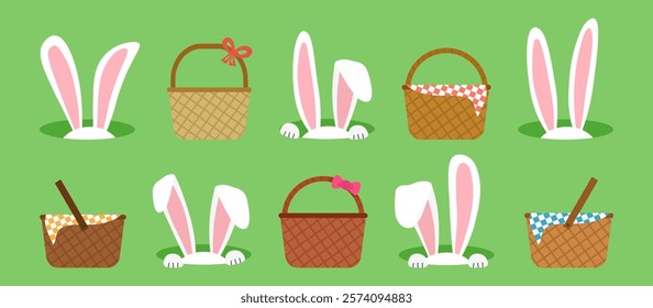 Easter bunny ears and basket icon, rabbit hole and picnic bag on green background. Cute animal character, cartoon egg hunt, funny spring set. Holiday vector illustration