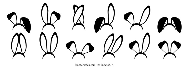 Easter bunny ears. Black rabbit ears headbands of various shapes—floppy, upright, crossed and curved. Easter or kid costume designs elements. Realistic 3d vector illustrations set.