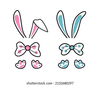 Easter Bunny Ears, Bow And Paw Set. Cute Bunny Costume For Baby Girl And Boy. First Easter Party. Color Vector Illustration For Print, Card, Invitation Design