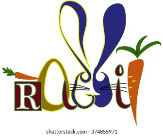 Easter bunny ears card with text, rabbit and carrot, letters and gold egg with face rabbit on the white background. Humor Happy Easter greeting card. Funny Easter. 
