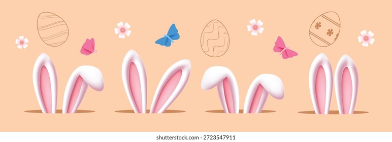 Easter bunny ears clipart set. Cute Easter rabbit ears in a hole clip art with drawing easter egg, butterfly and flower decoration elements collection for spring season vector illustration.
