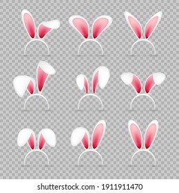 Easter bunny ears collection on transparent background. Pink and white rabbit mask. Spring seasonal cute hat. Vector illustration.