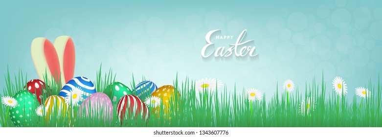 easter bunny ears and easter colored eggs with green grass and daisies vector background