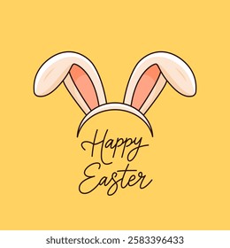 Easter bunny ears and congratulatory inscription happy easter. easter greeting card. flat vector illustration isolated