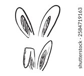 Easter bunny ears drawing in black brush stroke texture isolated on white background. Hand drawn vector sketch illustration in vintage charcoal ink. Greeting card design, decoration elements