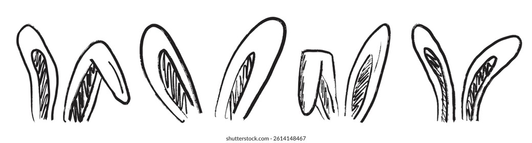 Easter bunny ears drawing in black brush stroke texture isolated on white background. Hand drawn vector sketch illustration in vintage charcoal ink. Greeting card design, decoration elements