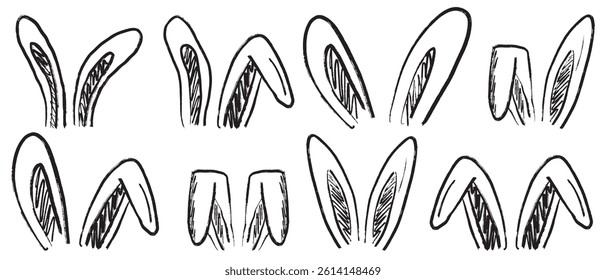 Easter bunny ears drawing in black brush stroke texture isolated on white background. Hand drawn vector sketch illustration in vintage charcoal ink. Greeting card design, decoration elements