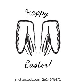 Easter bunny ears drawing in black brush stroke texture isolated on white background. Hand drawn vector sketch illustration in vintage charcoal ink. Greeting card design, decoration elements