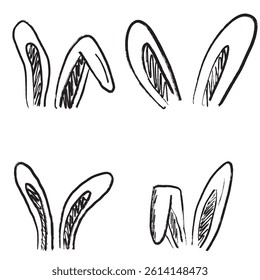 Easter bunny ears drawing in black brush stroke texture isolated on white background. Hand drawn vector sketch illustration in vintage charcoal ink. Greeting card design, decoration elements