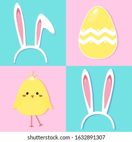 Easter bunny ears, egg and chicken card vector illustration background