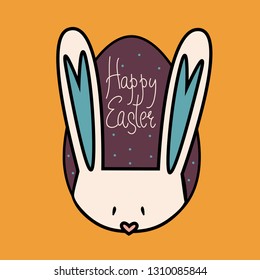 Easter bunny with ears and egg. Handwritten headline "Happy Easter" on orange background.