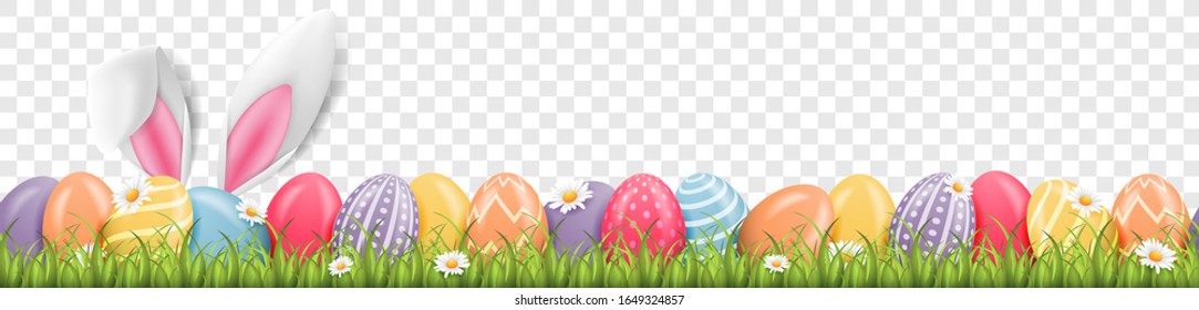 Easter bunny ears with easter eggs on meadow with flowers background banner transparent