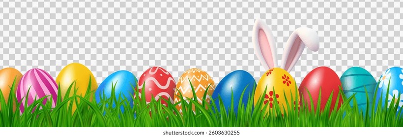 Easter bunny ears with easter eggs on meadow. Spring holiday concept. Spring lawn with painted egg and flowers. Happy easter day hunt vector background. Vector illustration