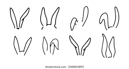 Easter Bunny ears hand drawn.Cute fun icon black on white background. Vector doodle illustration. Outline kids graphic. Bunny ears. Hare easter symbol isolated elements on white background.EPS10