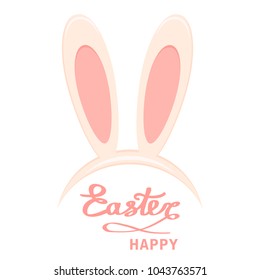 Easter. Bunny ears head mask and Happy Easter script lettering. Easter holiday design element