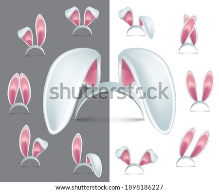Easter bunny ears headband set. Rabbit costume mask vector illustration. Realistic cute furry party band for head on white and grey background. Carnival spring festive decoration.