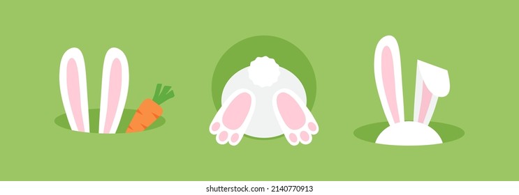 Easter bunny ears in hole, butt and tail rabbit, carrot, cartoon funny character. Symbols New Year 2023. Cute animal vector illustration