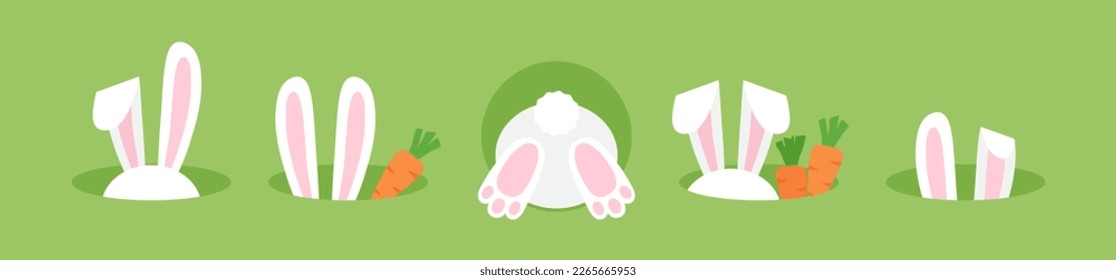 Easter bunny ears in hole, butt and tail rabbit, carrot, cartoon funny character. Cute animal vector illustration