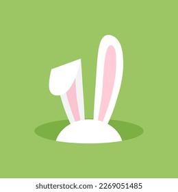 Easter bunny ears in hole, cartoon rabbit, funny character. Cute animal vector illustration