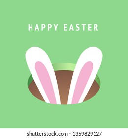 Easter bunny ears in hole. Happy Easter template. White rabbit in flat color isolated on green background. Vector illustration for flyer, poster, greeting card, party invitation, banner.