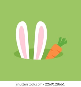 Easter bunny ears in hole, rabbit and carrot, cartoon funny character. Cute animal vector illustration