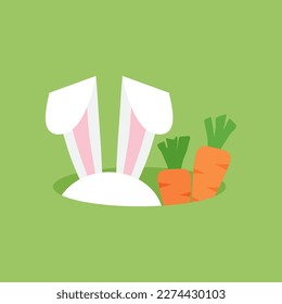 Easter bunny ears in hole, rabbit and carrot, cartoon funny character. Cute animal vector illustration