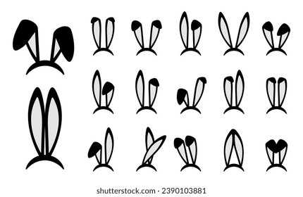 Easter bunny ears icons set. Easter rabbit ears masks on head isolated on white background. Vector illustration